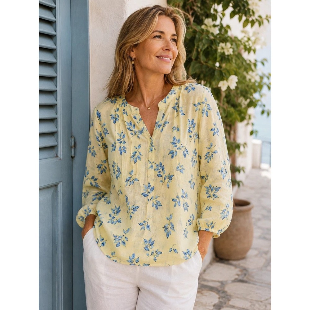 J Jill Love Linen Top Sz L Yellow Blue Floral Lightweight Feminine Casual Chic